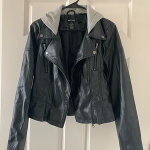 Black Hooded Faux Leather Jacket